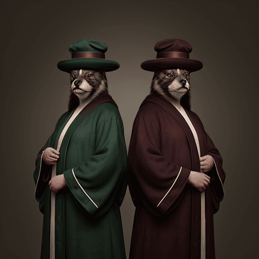 AI generated: a picture of two people, wearing cloth hats and robes, in the style of realistic animal portraits, u...