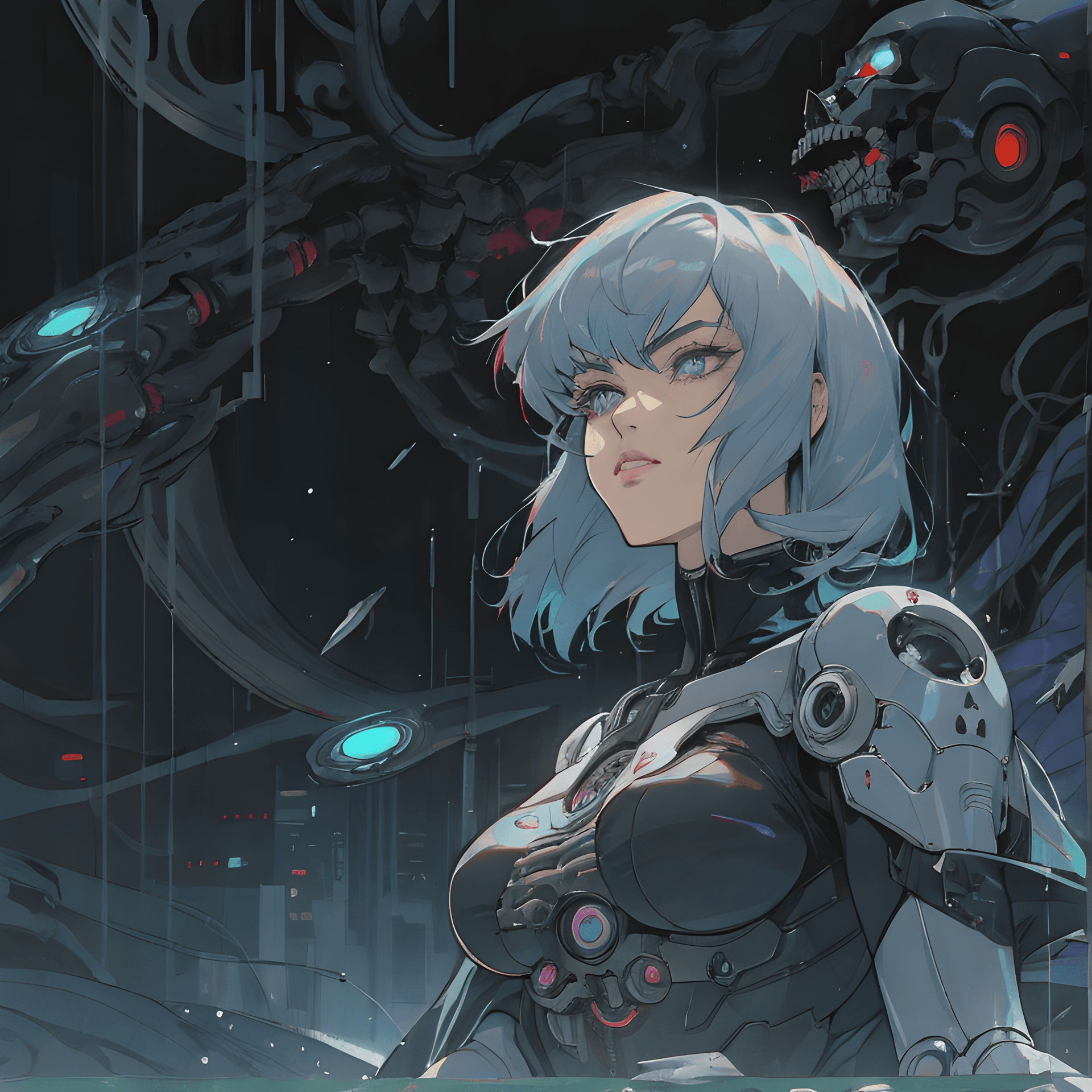 AI generated: a woman standing in front of a bunch of skulls, cyberpunk art, inspired by Philippe Druillet, cyborg...