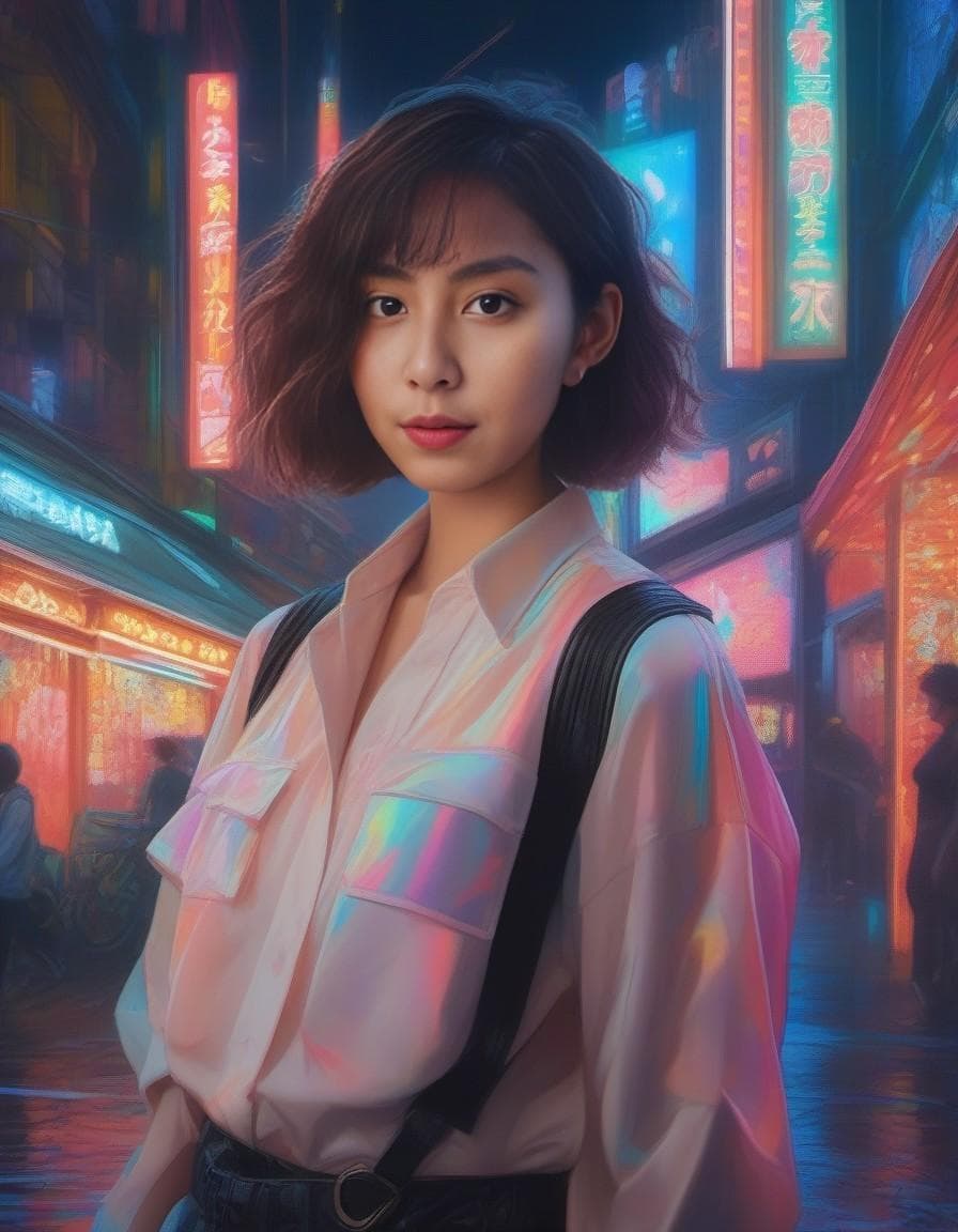 AI generated: a girl, with short hair, is standing in a city in front of a neon store, in the style of realistic h...