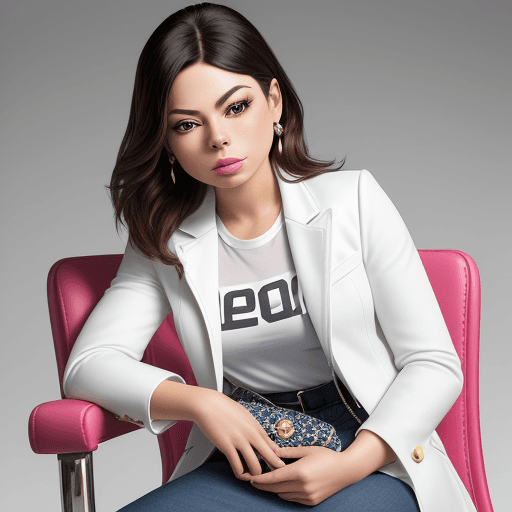 AI generated: a woman sitting on a chair holding a purse, inspired by Gina Pellón, white jacket, professional prod...