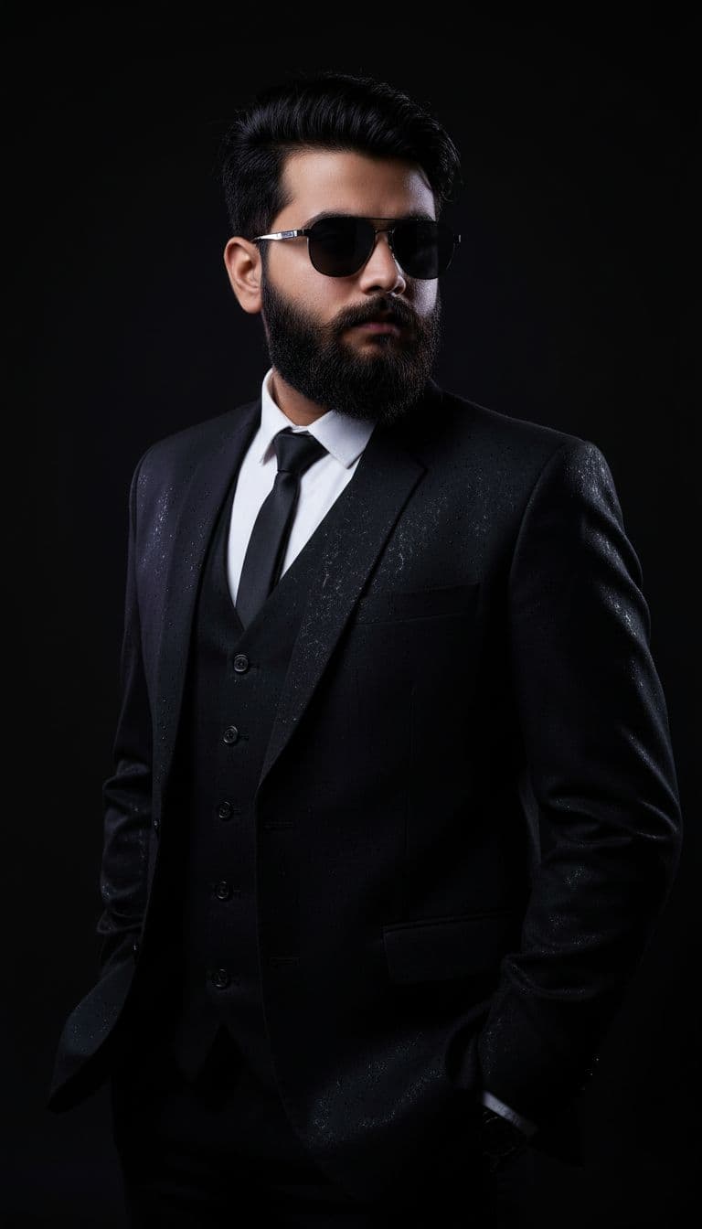 AI generated: A professional portrait of a young man wearing a black suit and sunglasses, studio lighting, dark bl...