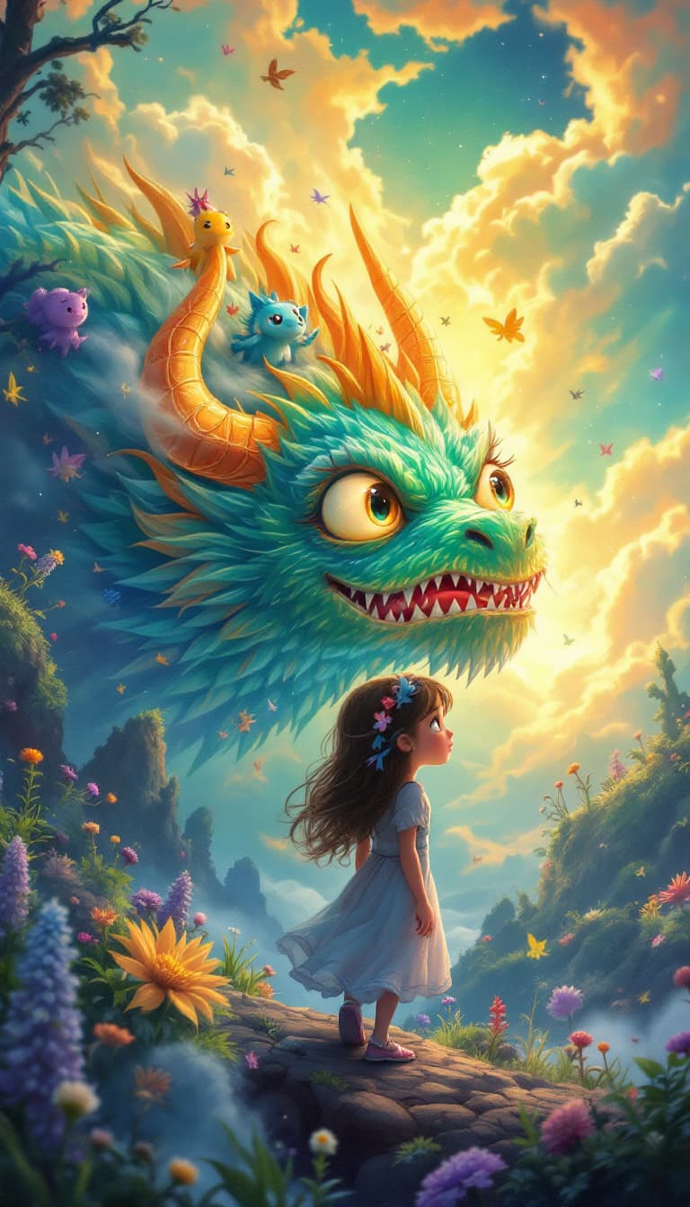 AI generated: vibrant illustration of a young girl named Aoife, entering a fantastical dream world created by a sl...