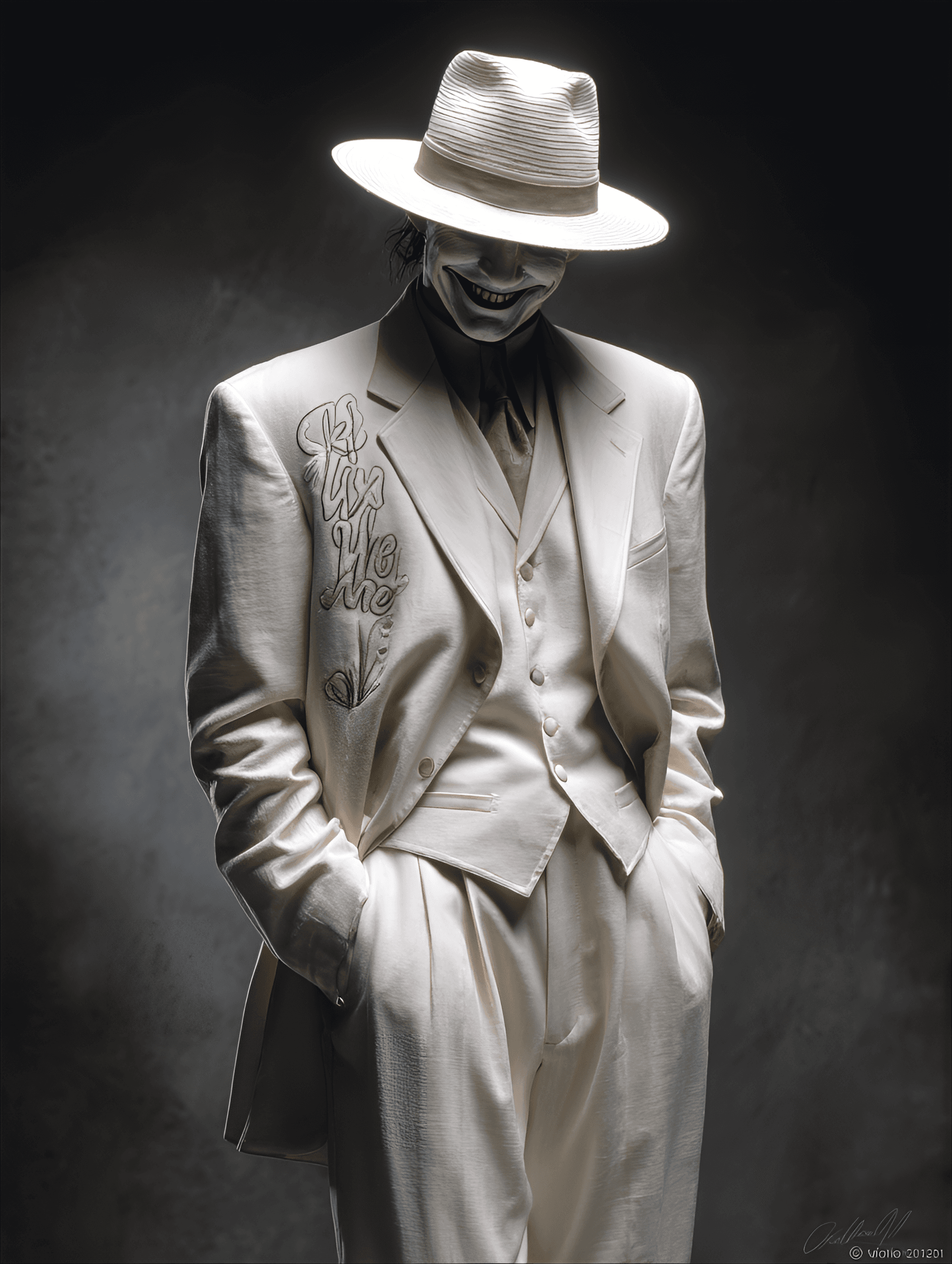 AI generated: Man in a white suit and hat, laughing,  embroidered on the suit and hat,  studio portrait,  pale ski...