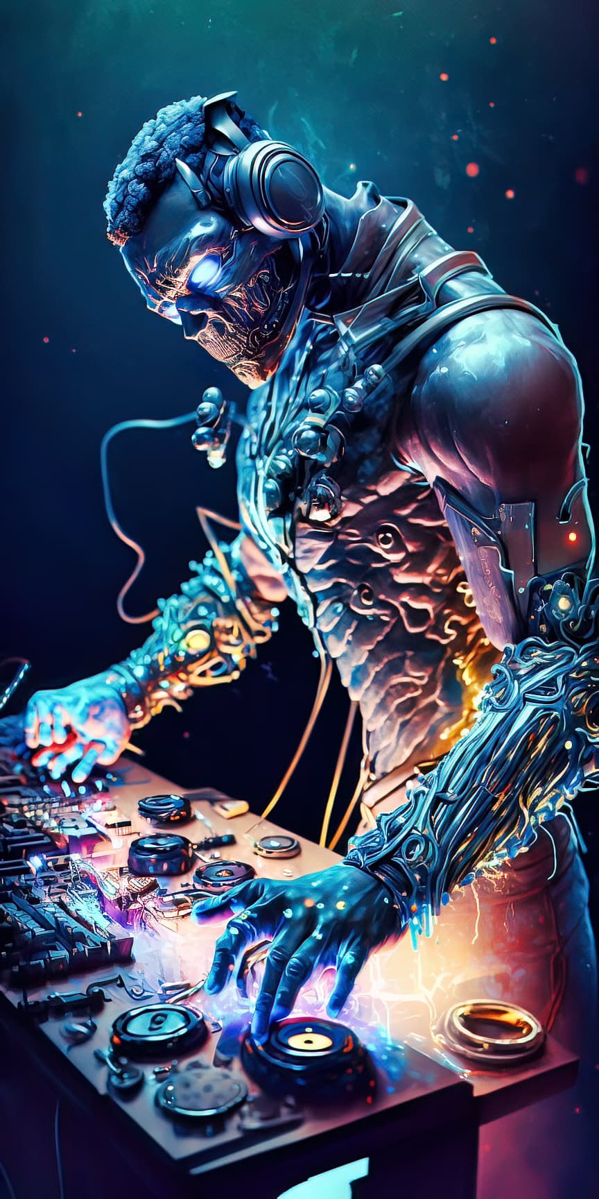 AI generated: conceptual 3D render bioluminescence man with artificial intelligence playing at the DJ console supe...
