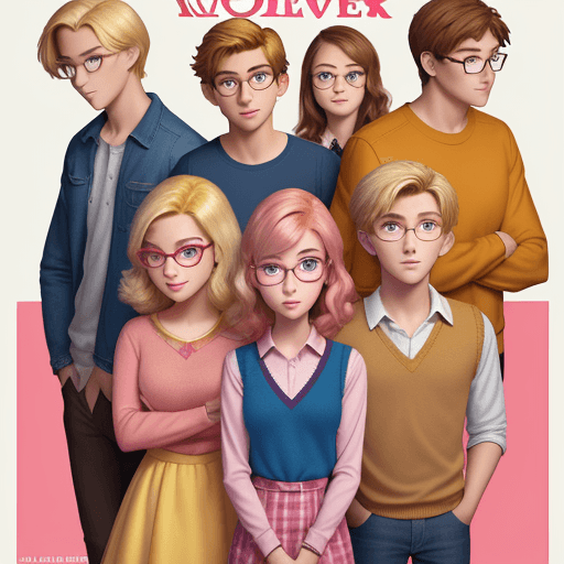 AI generated: Disney Pixar film poster,a group of 5 teens a male teen with golden hair, handsome wearing a dress s...