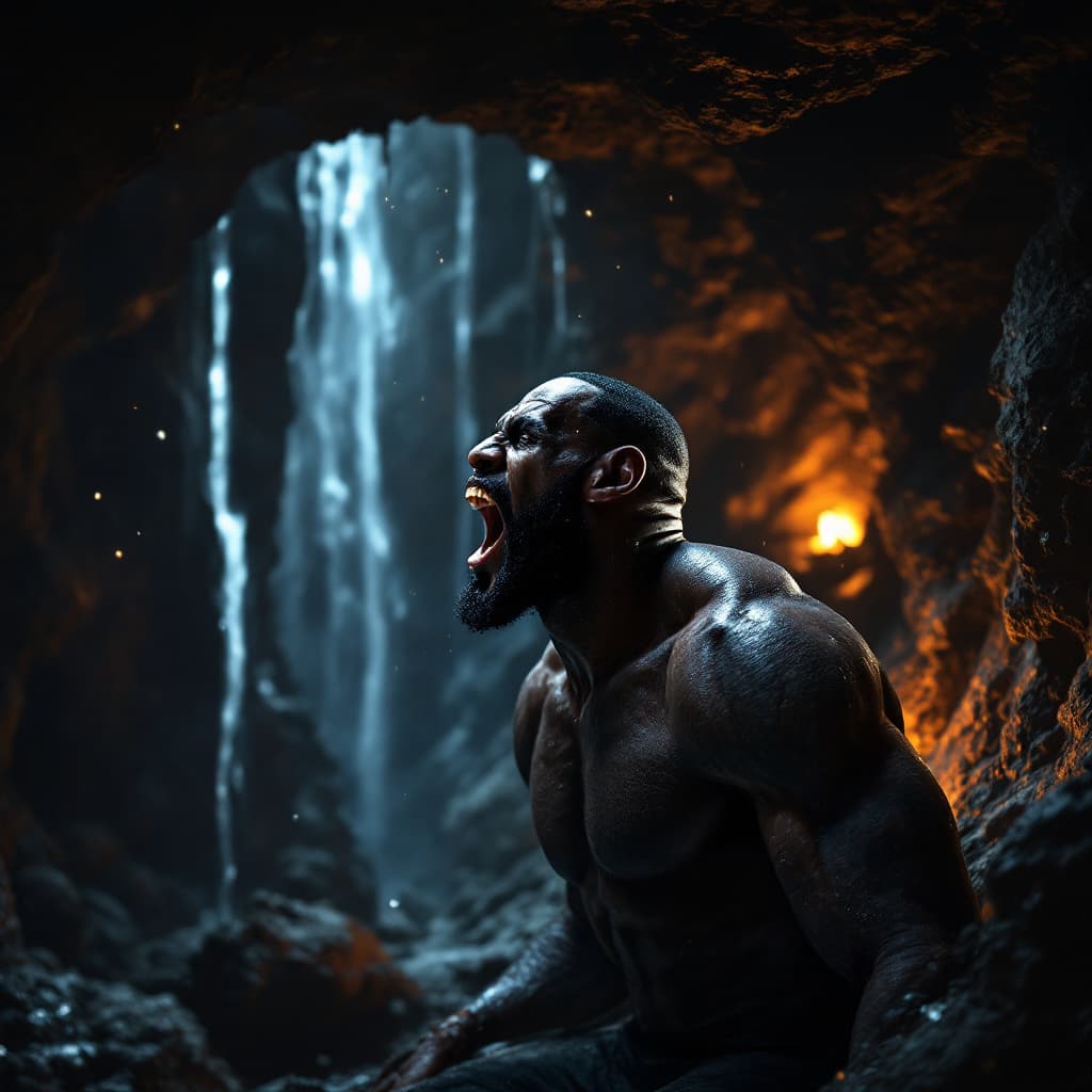 AI generated: Lebron james in a cave incredibly lost and screaming, 8k, HD, nanites, volumetric lighting, low qual...