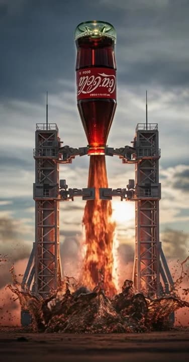 AI generated video: A Coca-Cola bottle, positioned as a rocket on a launchpad, ignites and blasts off into the sky. The ...