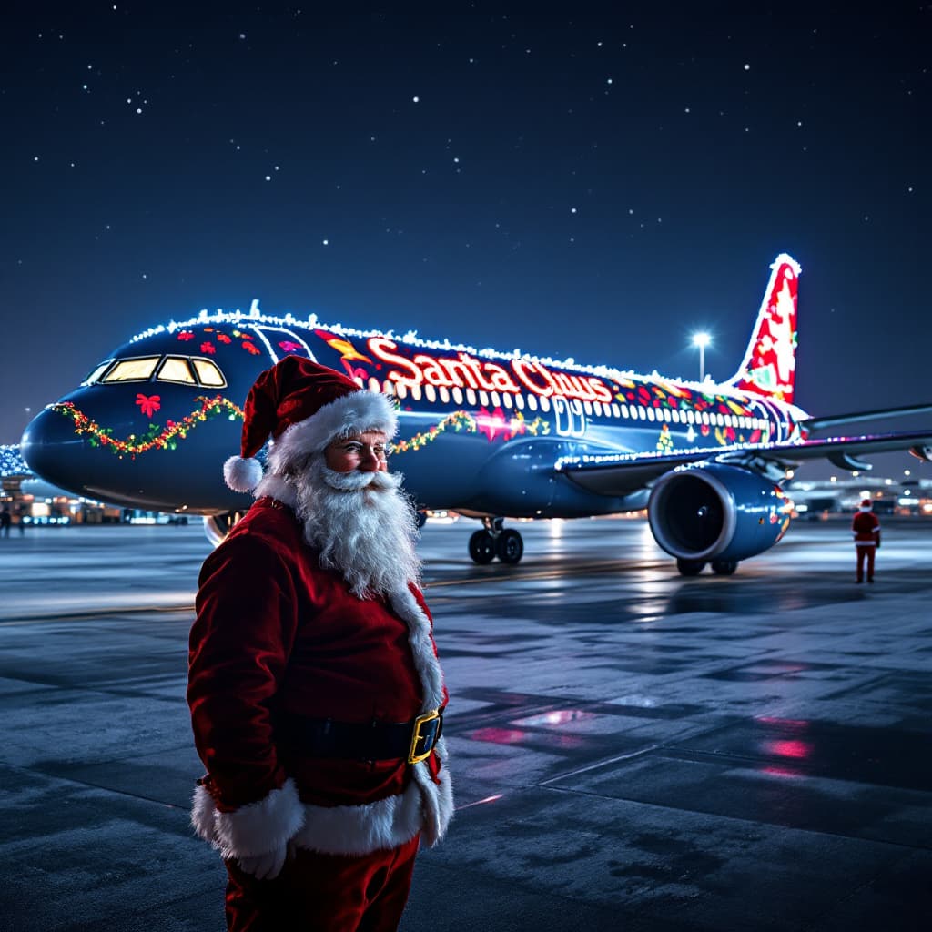 AI generated:  Santa Claus airline , show their Airbus A320 airliner special christmas decoration at the airport. ...
