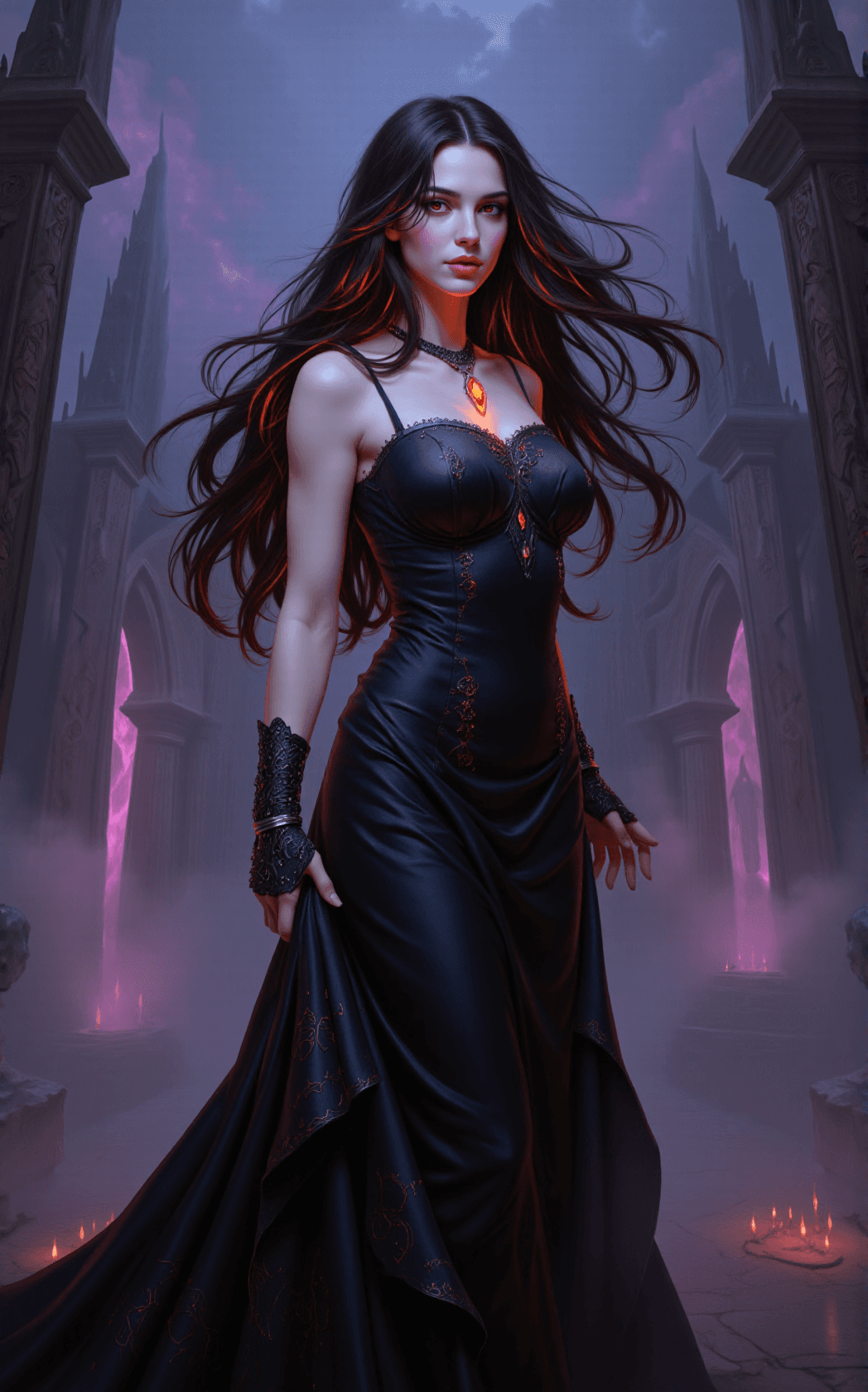 AI generated: Jennifer Connelly appears as a mesmerizing vampire queen in a richly detailed digital painting, embo...