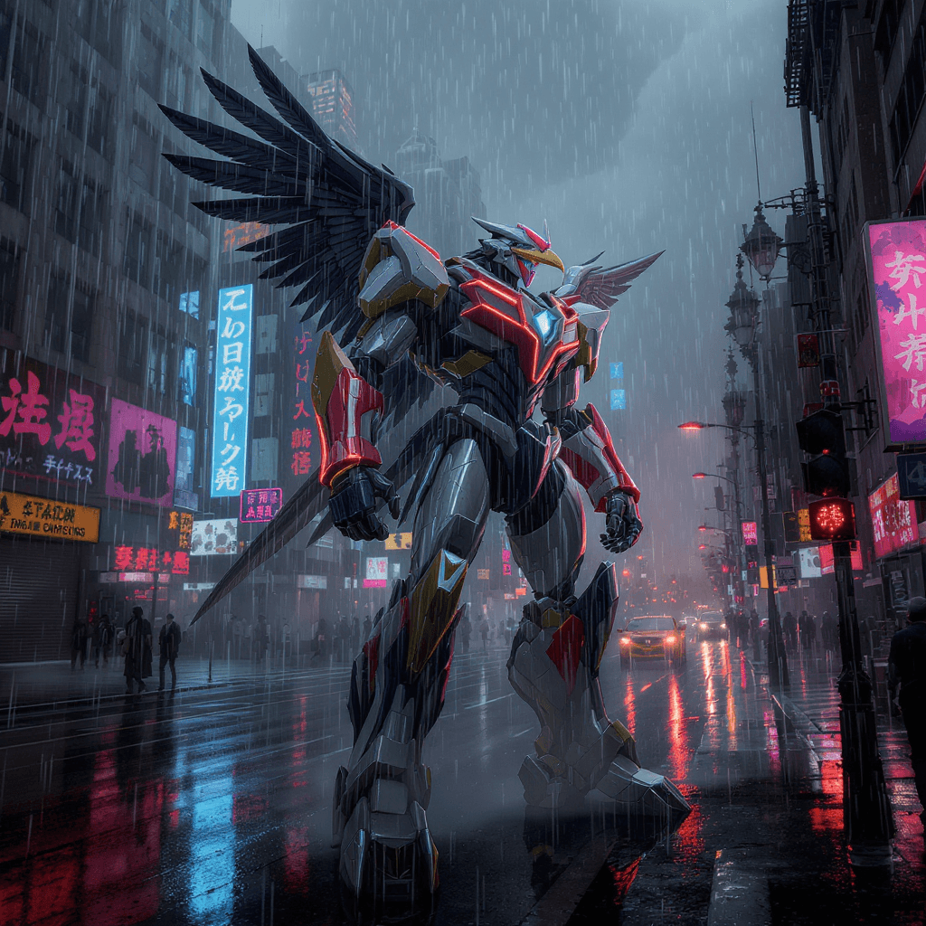 AI generated: The Age of Voltron, Voltron standing in the rain on an empty NYC street. cyberpunk art, inspired by ...