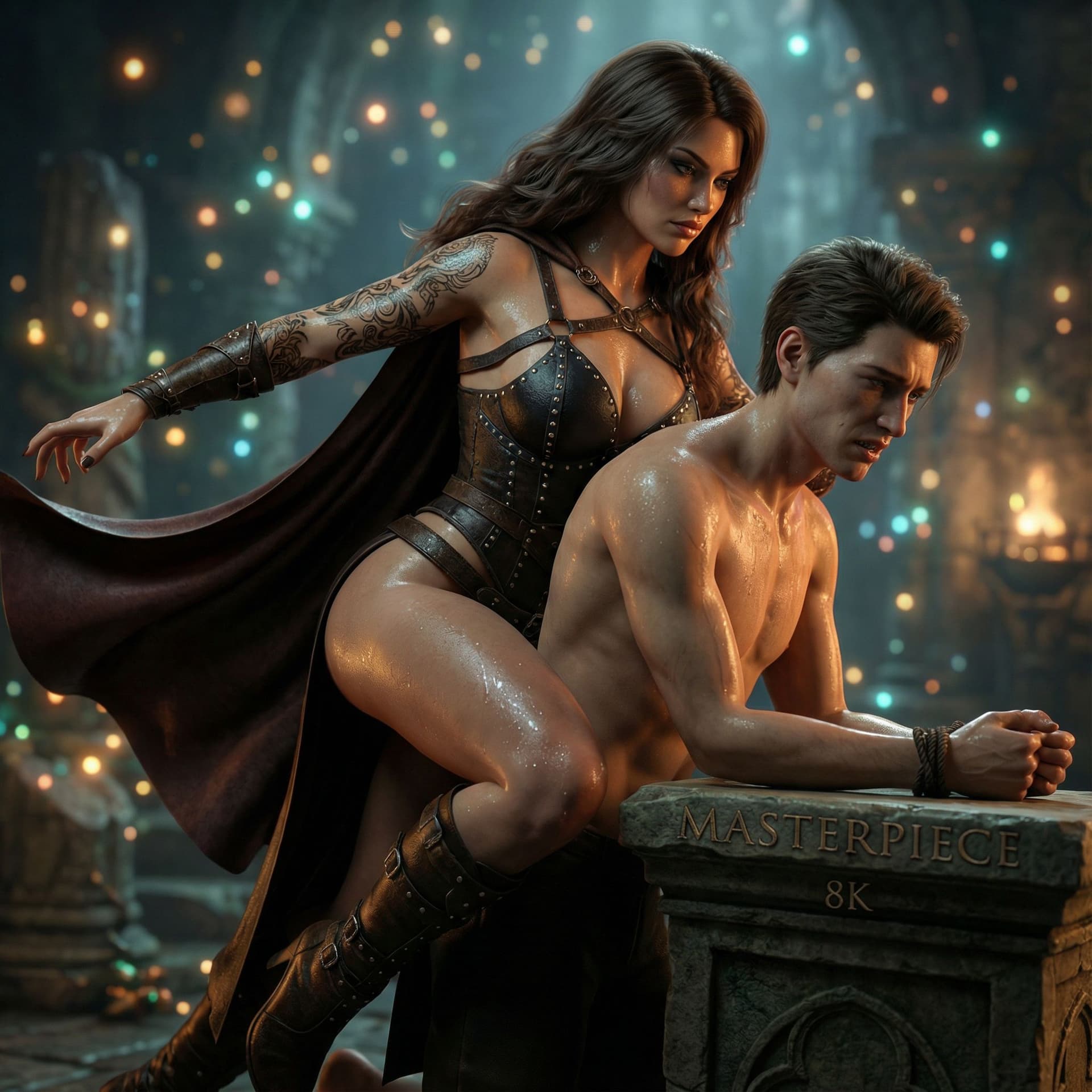 AI generated: seductive domme brunette, tattoed small breasts, 1boy, slim sexy male, femdom strapon pegging, nippl...