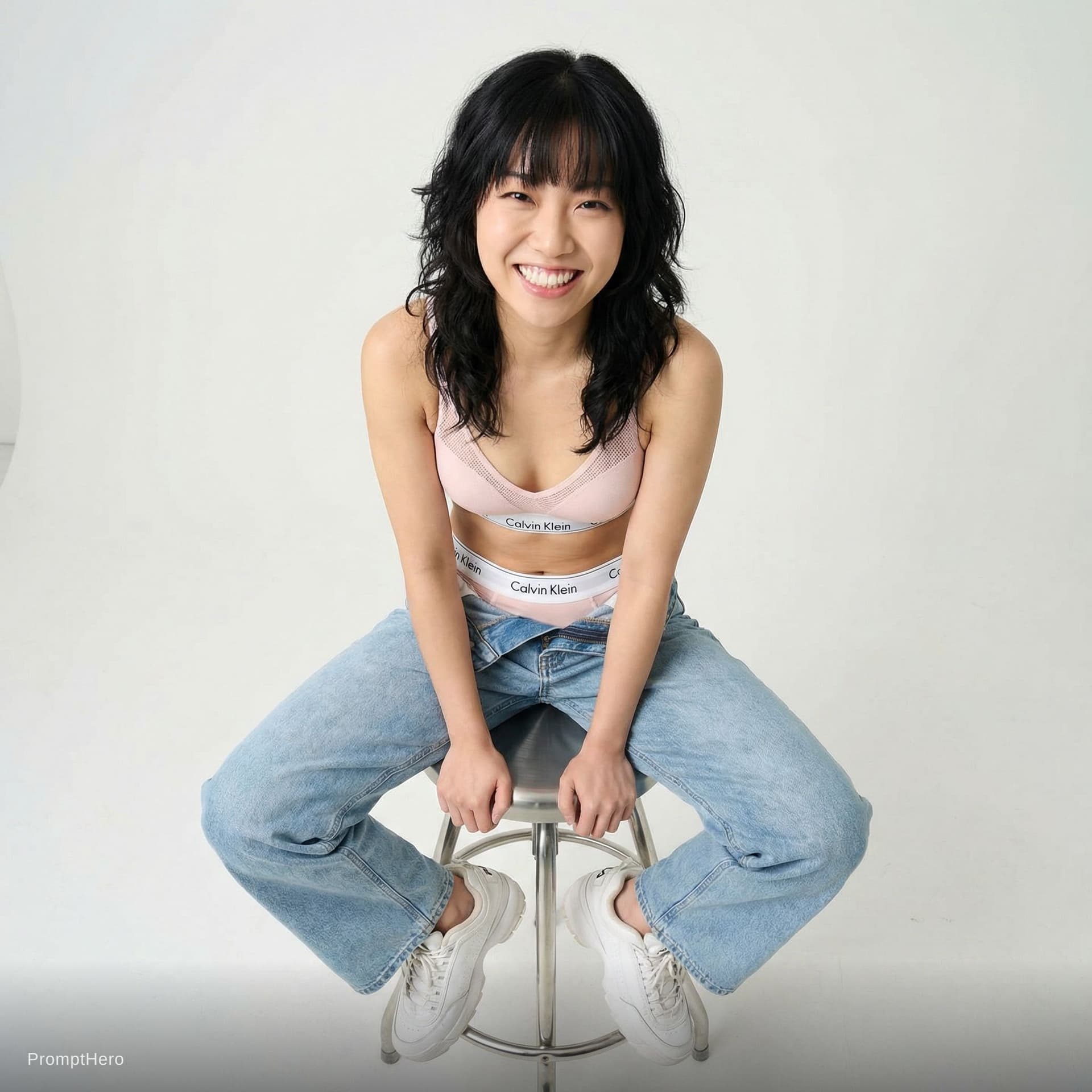 AI generated: A highly detailed, photorealistic, cinematic high-angle full-body studio shot of a cute and stylish ...