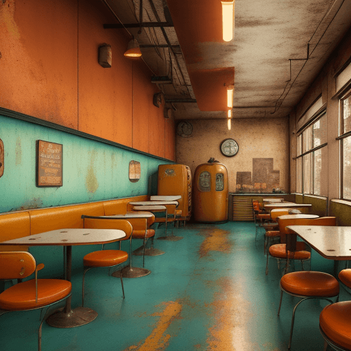 AI generated: 
Realistic photo of a vintage 50s cafeteria with orange ocher tones, rust, turquoise tones, industri...