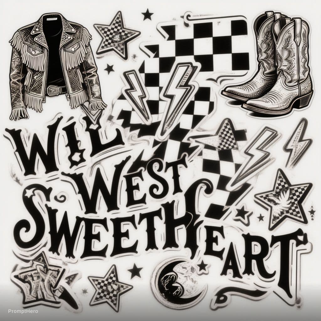 AI generated: scattered western concert merch icons including fringe jacket, lightning bolts, checkerboard stars, ...