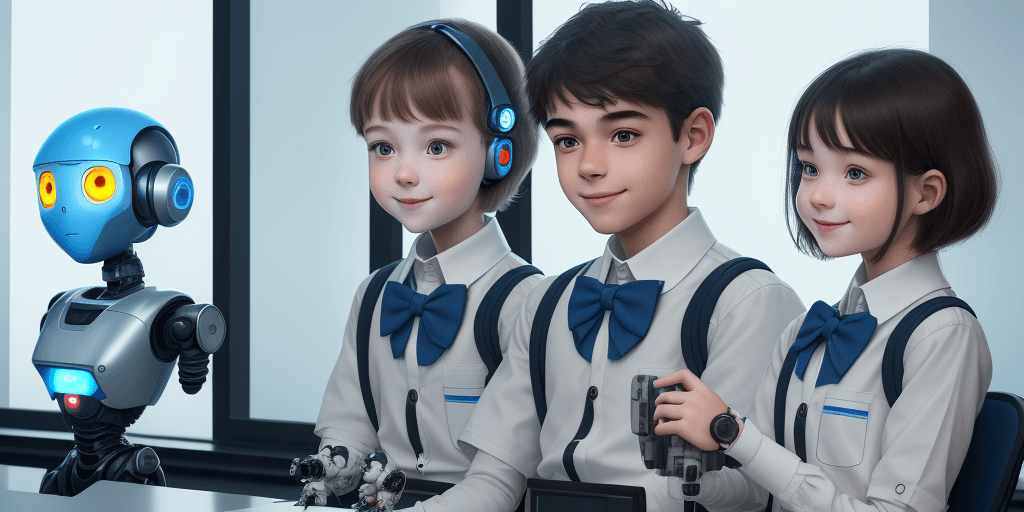 AI generated: two human boy and girl students, detail face, smile, wearing school uniforms, learning with a small ...