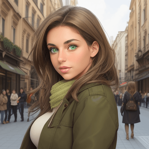 AI generated:  female with green eyes, light brown hair and olive skin in a city

