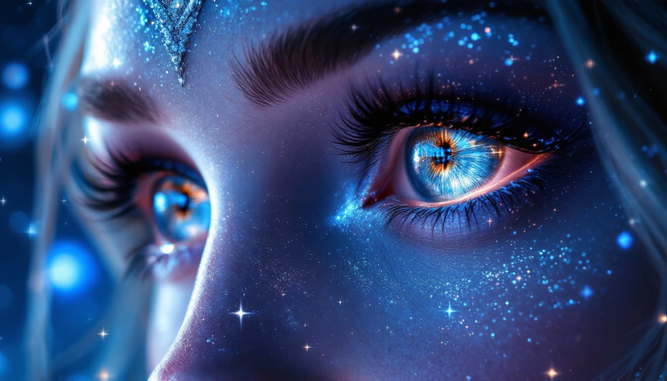 AI generated: A stunning close-up of Feyre Archeron's pair of eyes, capturing its mesmerizing silver-grey eyes col...