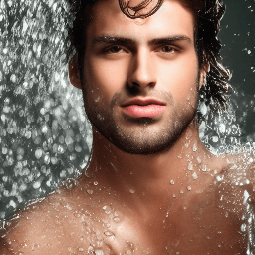 AI generated: "A serious and heroic brunette man with wet brown hair, adorned with a splash of water hitting his f...