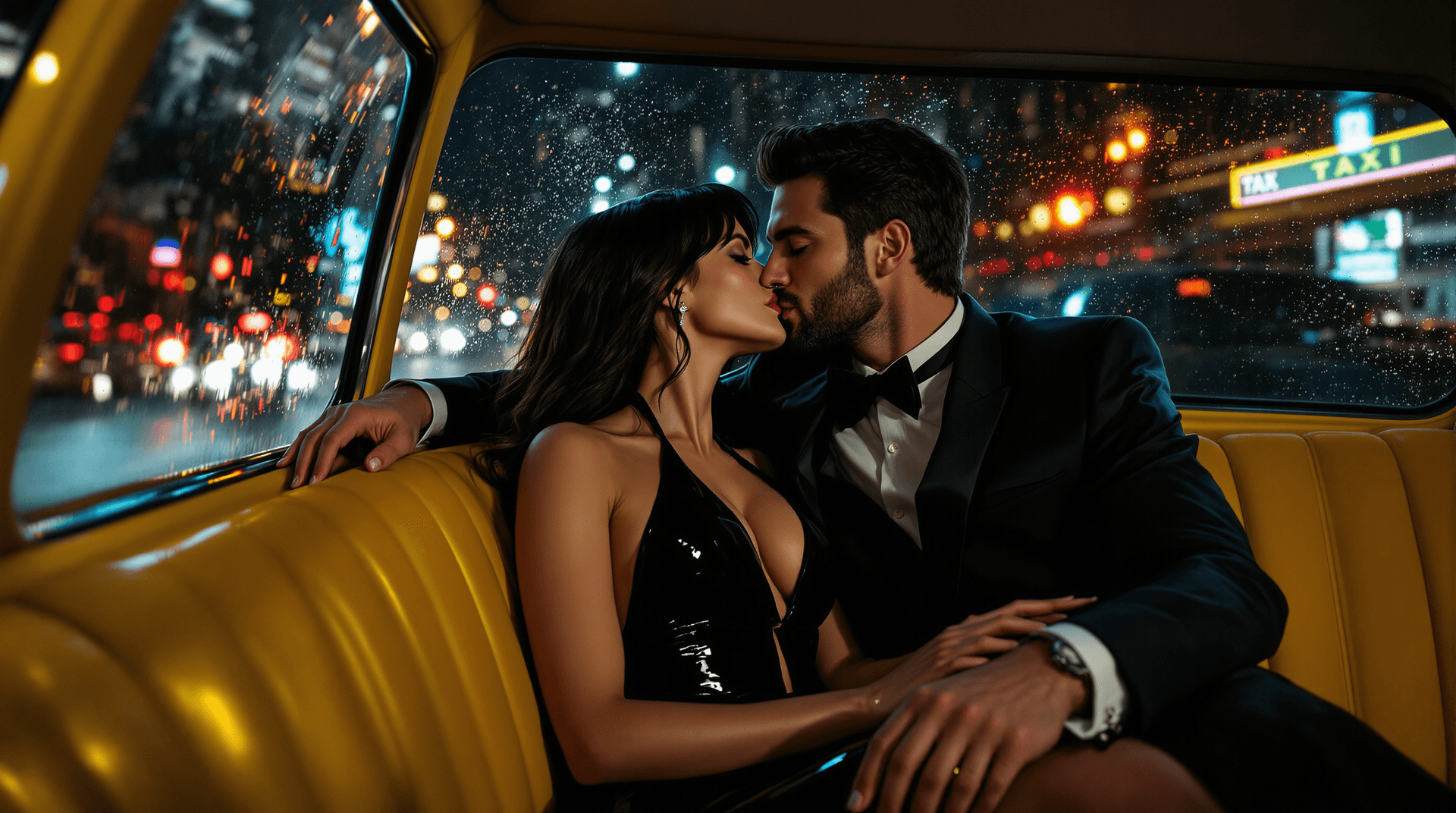 AI generated: right side angle photo of Interior of a yellow cab at night. A Caucasian couple (Lilith and Jon) in ...
