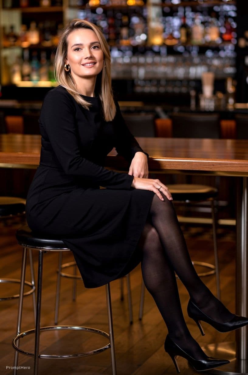 AI generated: The image features a poised and alluring woman seated on a sleek, polished wooden bar table in what ...