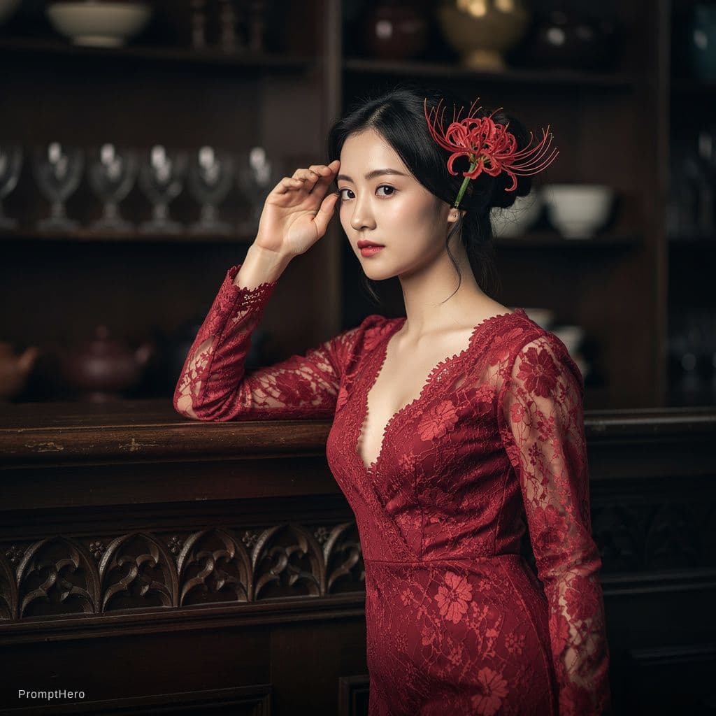 AI generated: The image is a vertical, high-quality realistic photograph of a beautiful East Asian woman in a soph...