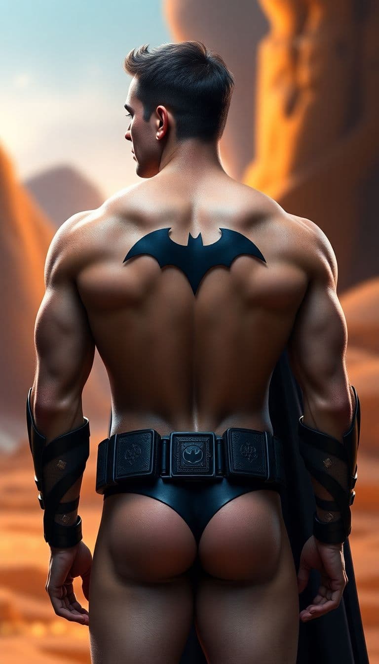 AI generated: Batman ((nude back body)), caucasian complexion, big muscles and big butt, in his thirties, He wears...