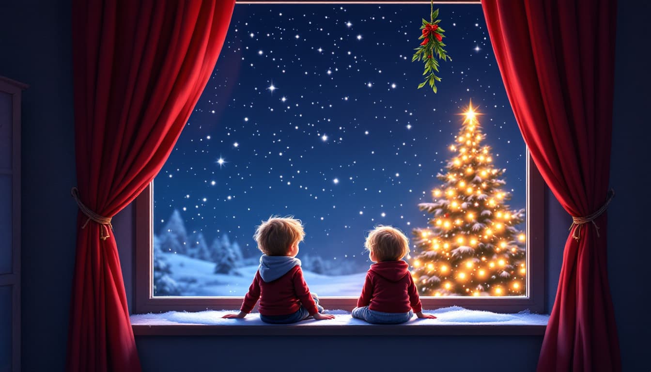 AI generated: Christmas eve, two children sitting on window sill, starry night sky, magical atmosphere, Christmas ...