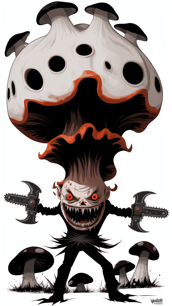 AI generated: vector horror art on the white background, a screaming crazy anthropomorphic evil mushroom with chai...