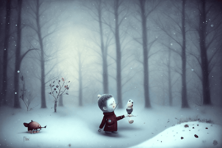 AI generated: On the left side of the image a Holly Hobbies boy facing the camera, wintertime in the style of Gabr...