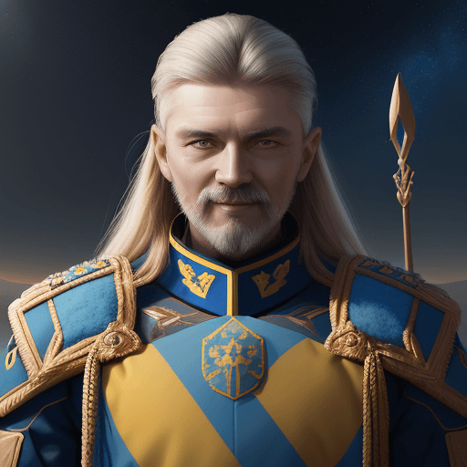 AI generated: a mid distance portrait of general Zaluzhnyi smiling, blue-yellow shield with Ukrainian trident, Ukr...