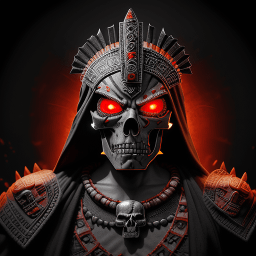 AI generated: A photorealistic digital illustration of an Aztec god with skull face, pointing at viewer and lookin...