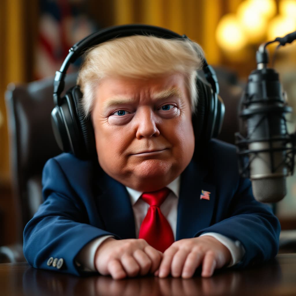 AI generated: American  baby that resembles President trump in a bue suit and red tie in a podcast studio wearing ...