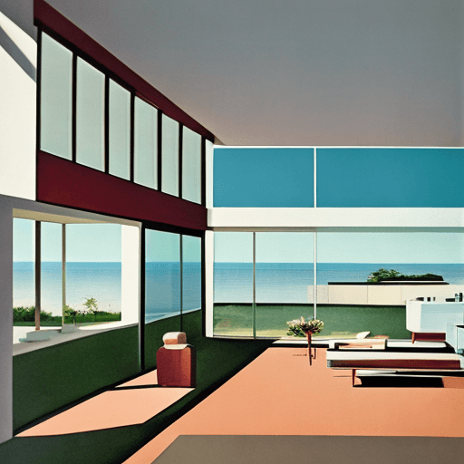 AI generated: Hyper realistic eye level exterior photo of a mid century modern style house overlooking the ocean, ...
