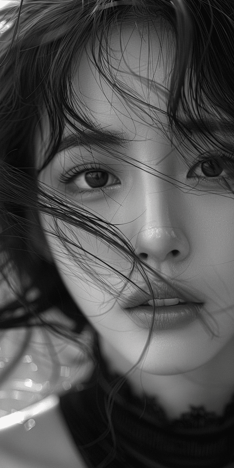 AI generated: Beautiful Korean woman with hair blowing in the wind, close-up shot of her face, high fashion photo ...