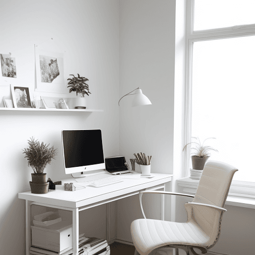 AI generated: photograph, home office, minimal, soft sunlight, warm artificial light casting, creating a warm whit...