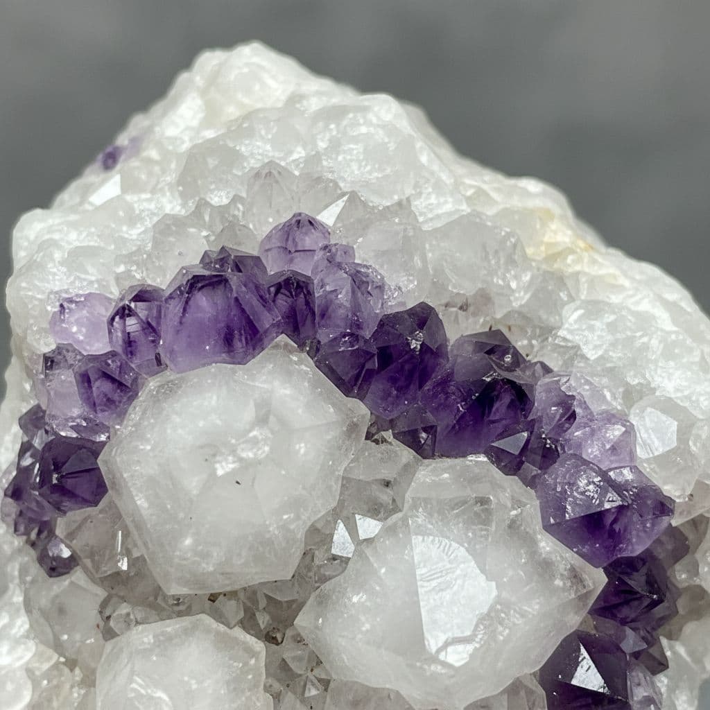 AI generated: Milky white crystal with purple crystal layered through out it 