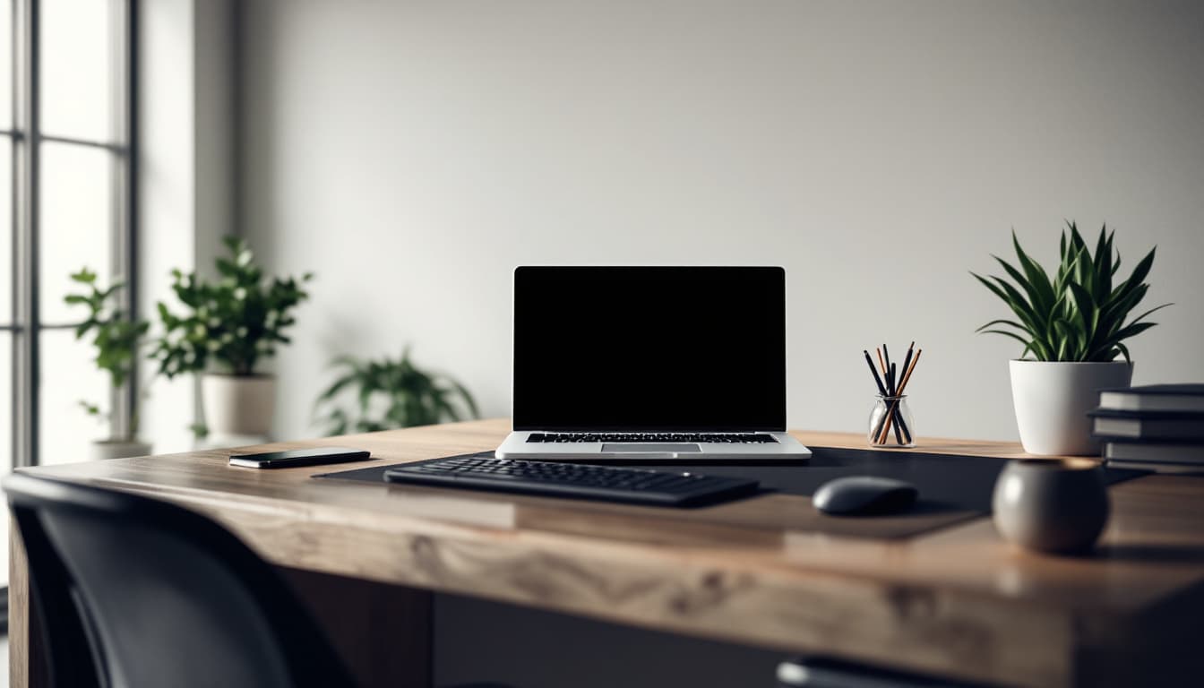 AI generated: A professional and minimalist office setup for a software developer's LinkedIn cover image. The scen...