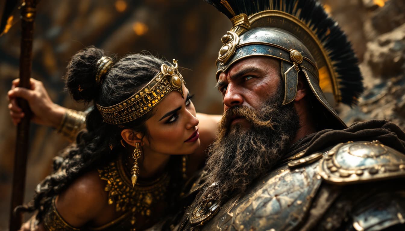AI generated: Low-angle shot of Prowshat leaning on her spear, Ariobarzan’s Achaemenid beard and helmet nearby.
Ar...