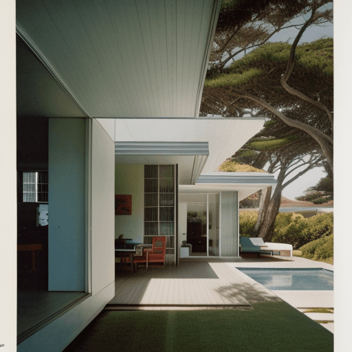 AI generated: Hyper realistic eye level exterior photo of a mid century modern style house overlooking the ocean, ...