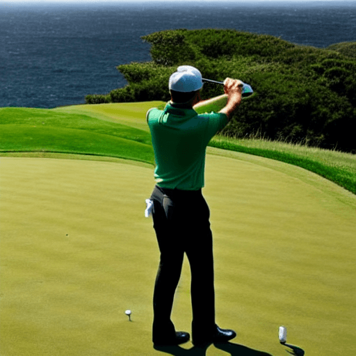 AI generated: "A seasoned golfer stands poised on a verdant cliffside golf course, at the edge of a tumultuous sea...