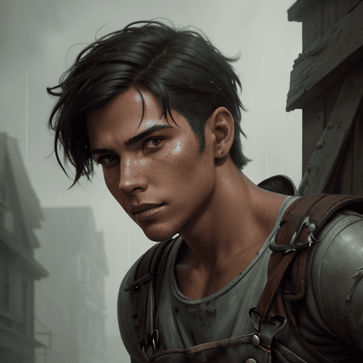 AI generated: closeup portrait, attractive male adventurer, dainty figure, single strap paint covered overalls, ra...