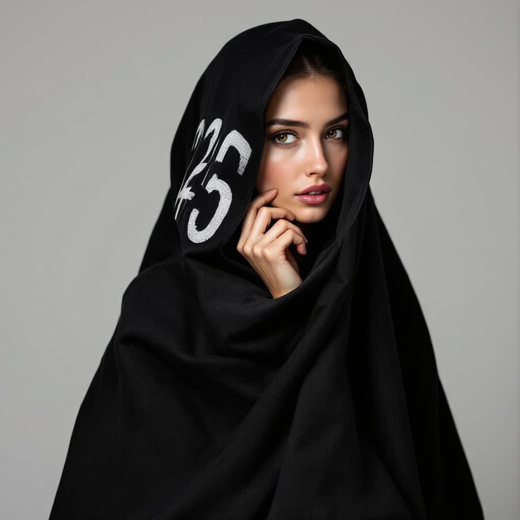 AI generated: A photo model with a  black blanket covering her head. The blanket is displaying the text: "12345".