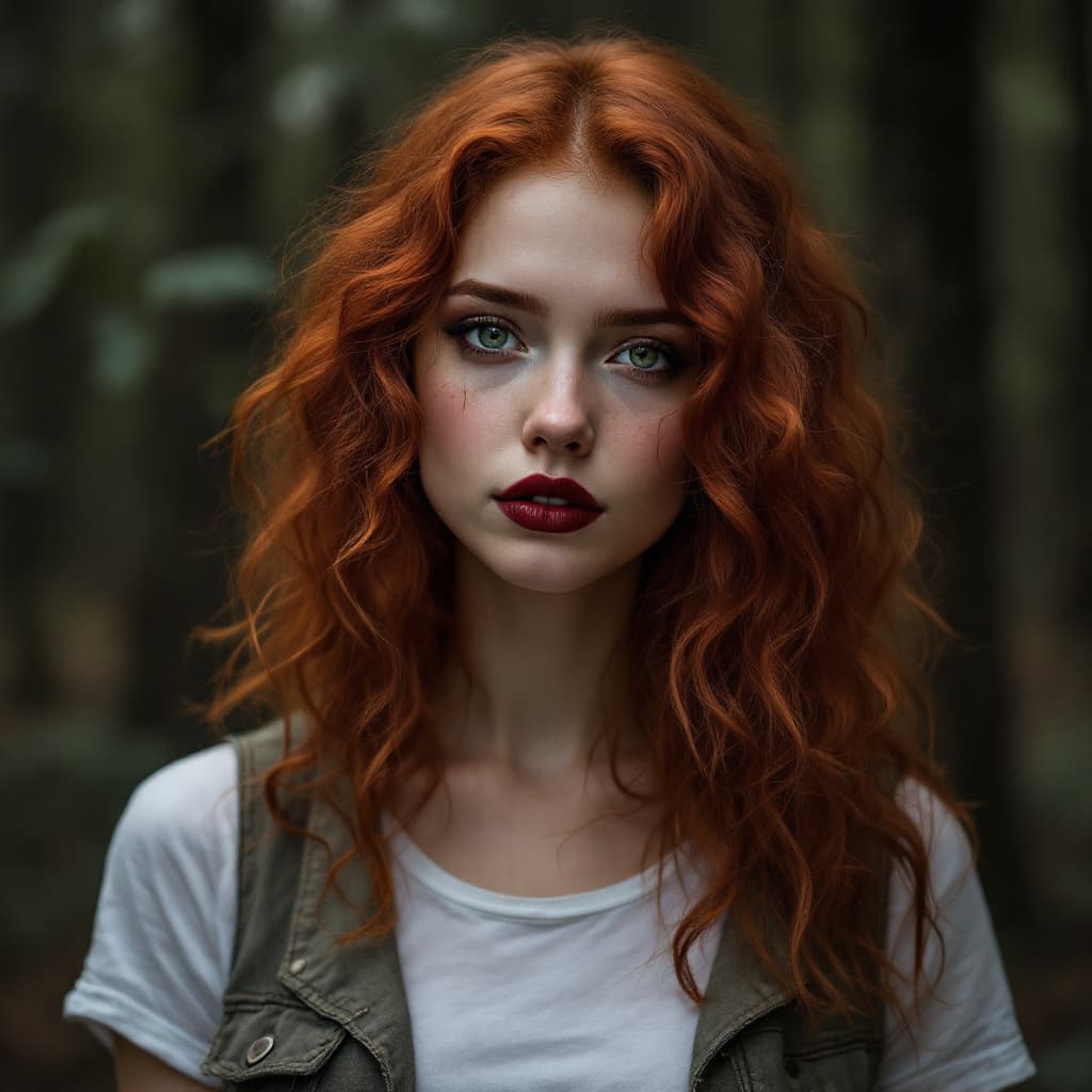AI generated: 20 year old red haired girl, shoulder length curly red hair, stunning green eyes. wearing vest and s...