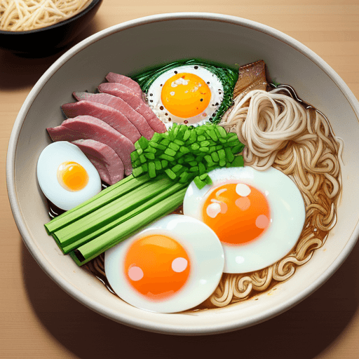 AI generated: A bowl of Japanese ramen noodles with sliced meat, a fried egg, and green onions