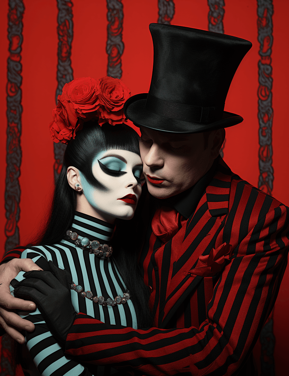 AI generated: Steampunk, vampire, black, nyc, gothic, in the style of striped arrangements, light cyan and red, bo...
