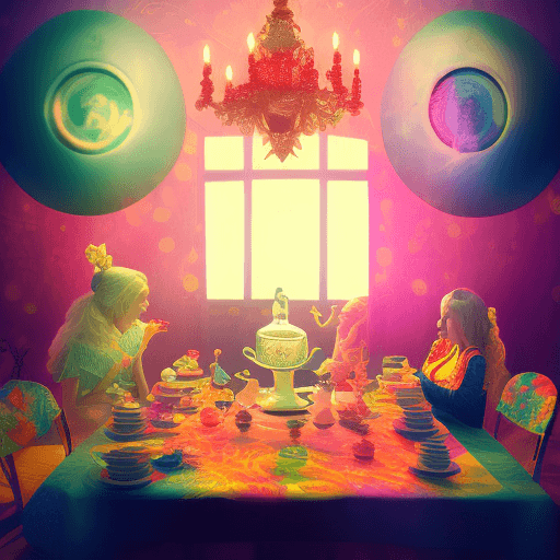 AI generated: Psychedelic interpretation of Alice in Wonderland tea party
 volumetric lighting, dramatic shadows, ...