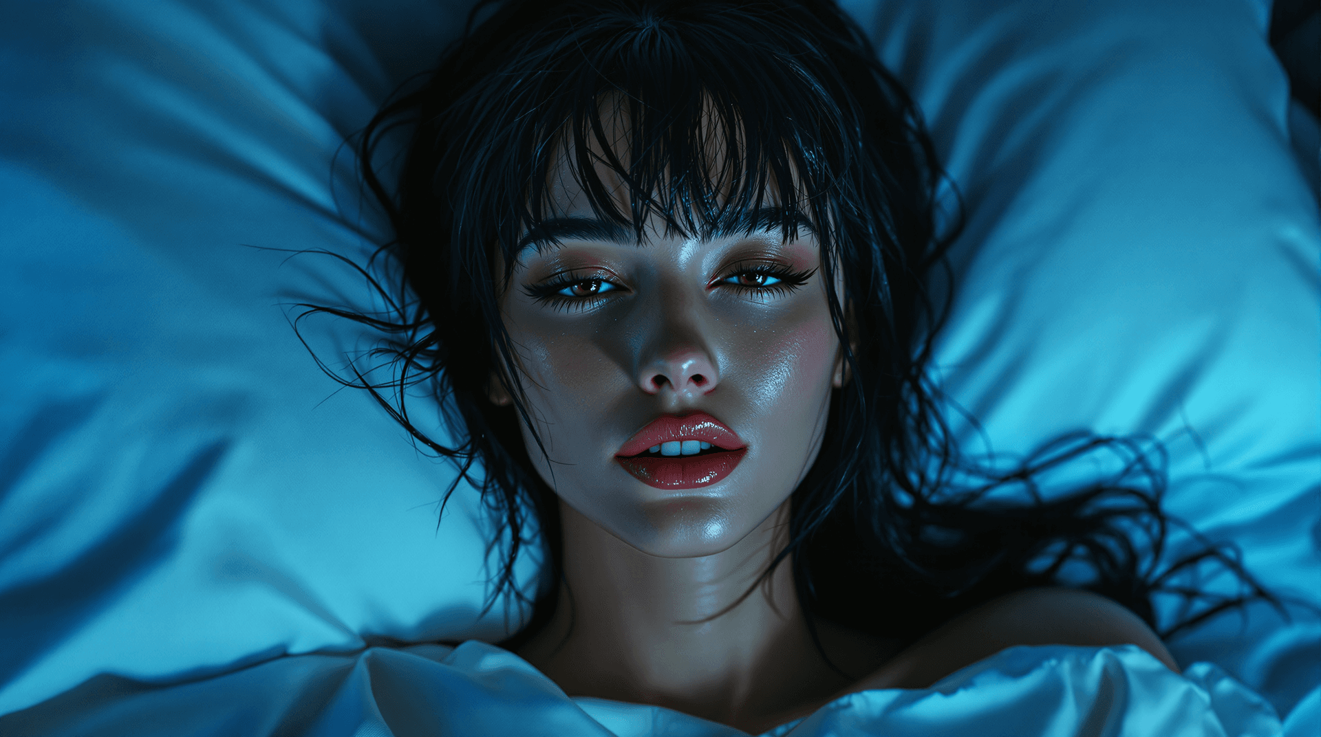 AI generated: Extreme high angle, close-up photo of a stunning woman (Lilith) in bed . Her raven tresses cascade o...