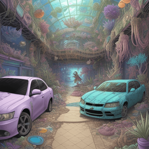 AI generated: in an aquarium, a mermaid with long flowy hair in a path between chaos plants, destroyed cars like j...