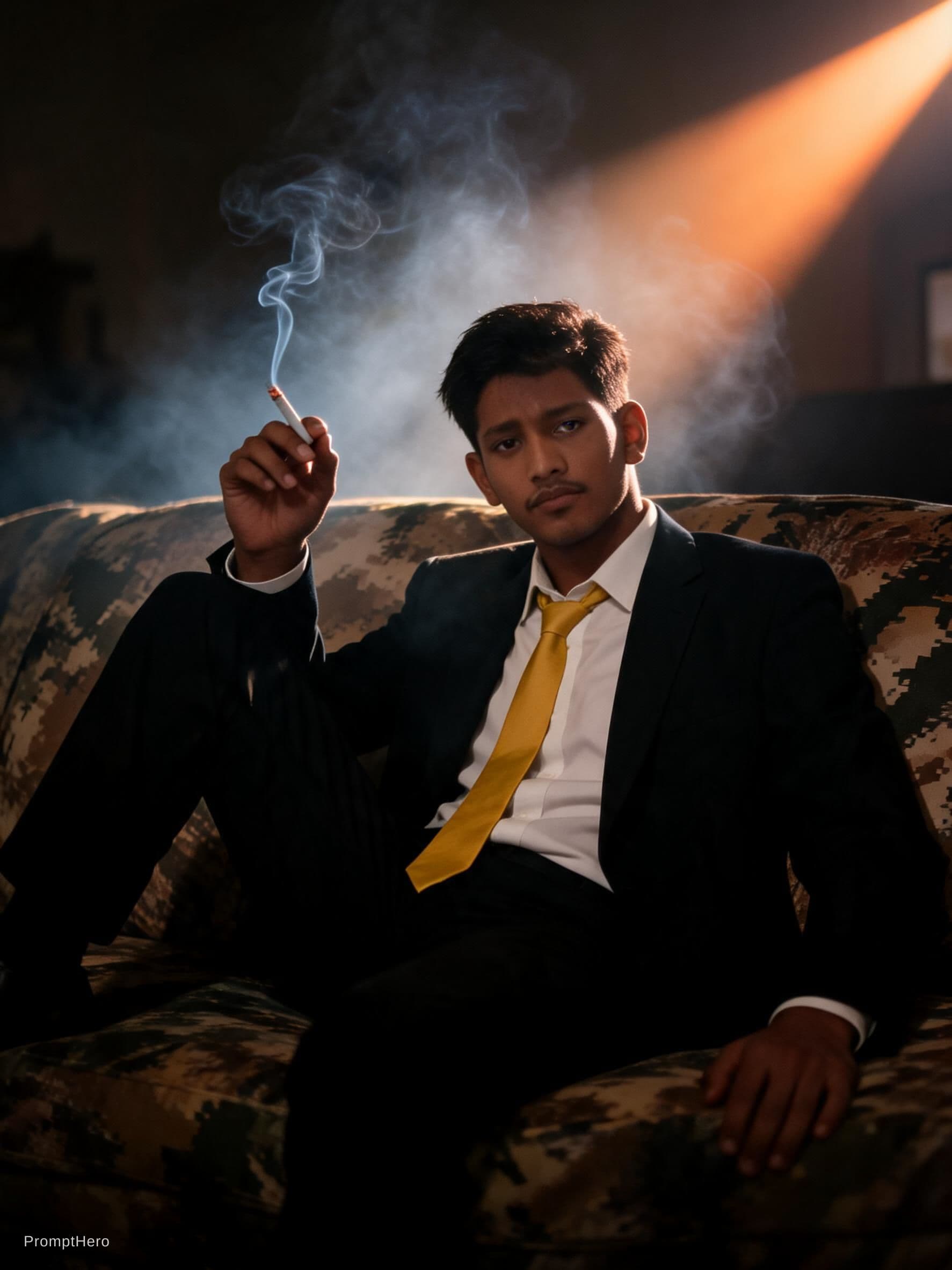 AI generated: photography, cover shoot, dimly lit room with a hazy atmosphere, capturing a professional male model...