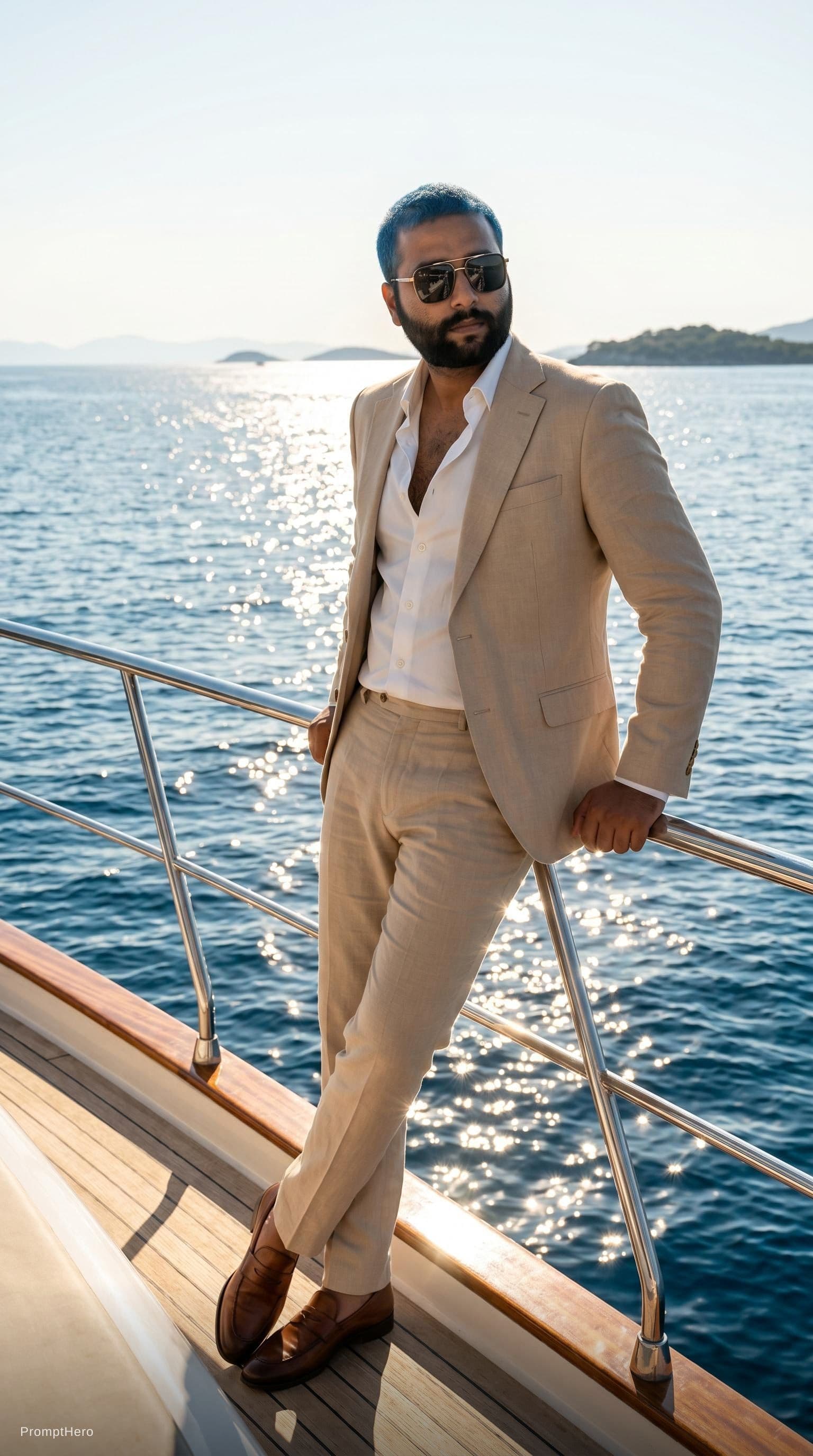 AI generated: Create a high-end fashion image of a male model wearing a tailored summer suit with an open shirt. P...